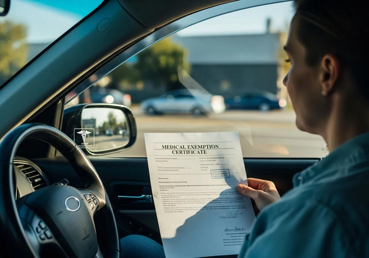 Driver reviewing a doctor-signed medical window tint exemption certificate in their car